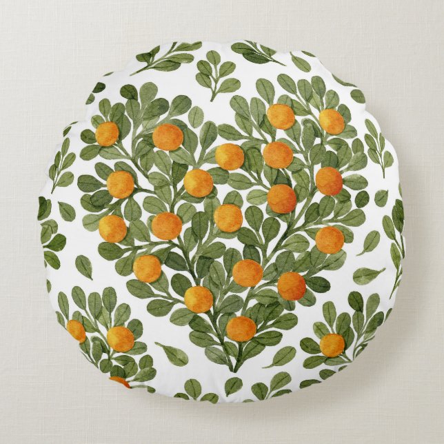 Heart Oranges: Green Branches Love. Round Pillow (Front)