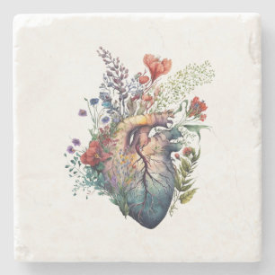 Heart overgrown with florals (cutout) - anatomy  stone coaster