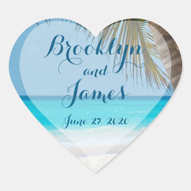 Heart Palm Trees On Beach Wedding Stickers (Front)