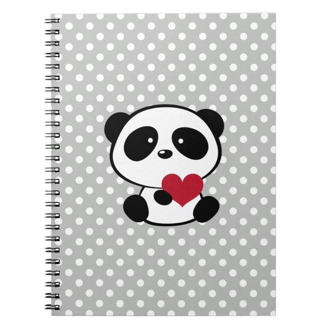 Heart Panda Bear Grey Polka Dots Notebook (Front)