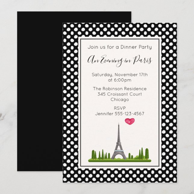 Heart Paris with Eiffel Tower Dinner Party Invitation (Front/Back)