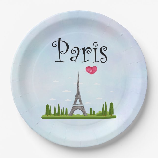 Heart Paris with Eiffel Tower Paper Plate (Front)