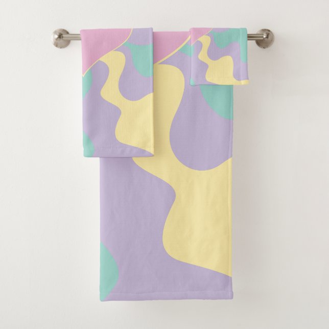 Heart - Pastel Pink, Yellow, Purple and Green Bath Towel Set (Insitu)