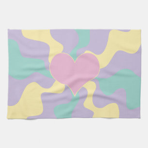 Heart - Pastel Pink, Yellow, Purple and Green Kitchen Towel