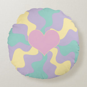 Heart - Pastel Pink, Yellow, Purple and Green Round Pillow