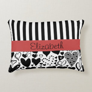 Heart Pattern, Black Hearts, Stripes, Your Name Decorative Pillow