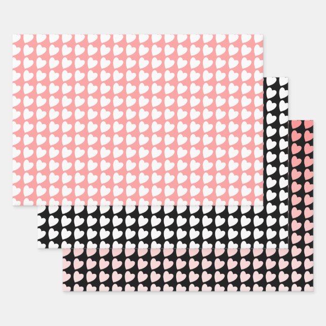 Heart Pattern in Black, White and Pink Wrapping Paper Sheet (Set)