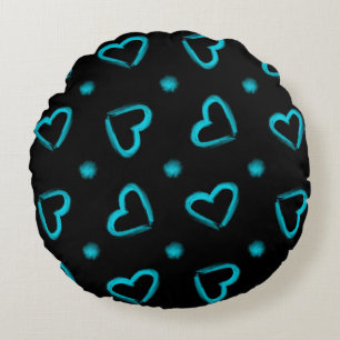 Heart Pattern in Blue & Black Round Pillow