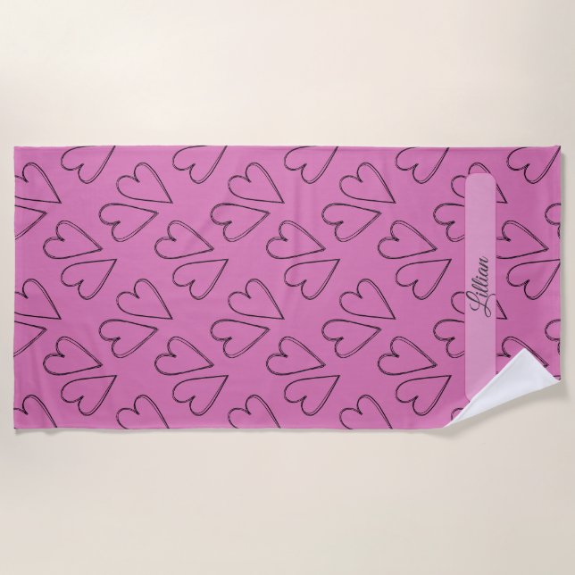 Heart pattern on pink with custom name beach towel (Front)