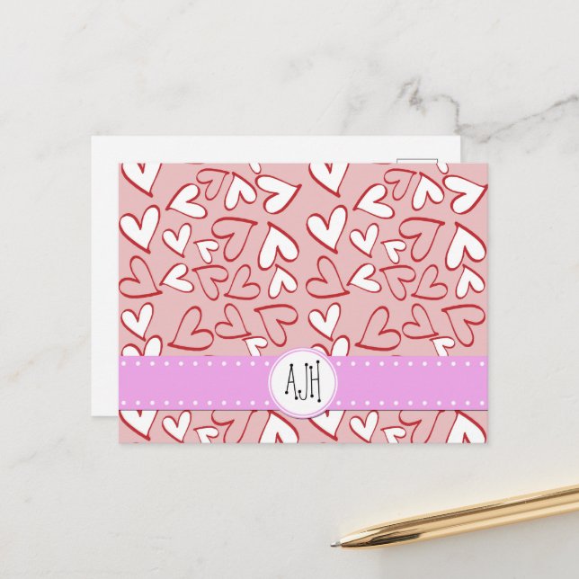 Heart Pattern, Red Hearts, Pink Hearts, Monogram Postcard (Front/Back In Situ)