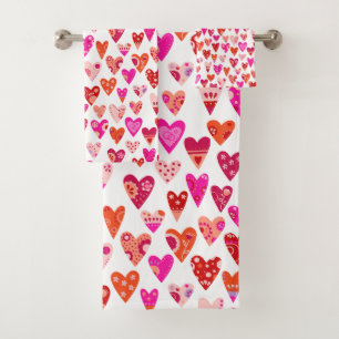 Heart Pattern Red Pink Modern Bath Towel Set