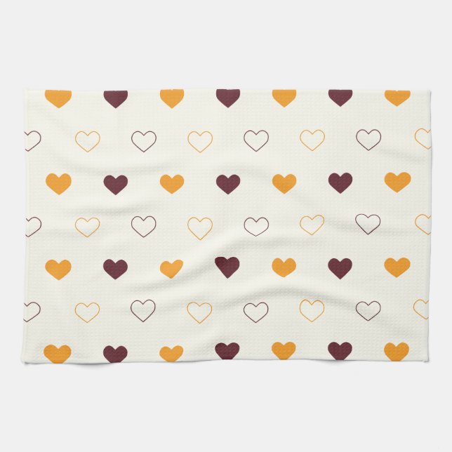 Heart Pattern with Orange & Brown Hearts Kitchen Towel (Horizontal)