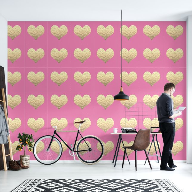 Heart Patterns Gold Pink Custom Colour Cute Lovely Wallpaper (Living Room)