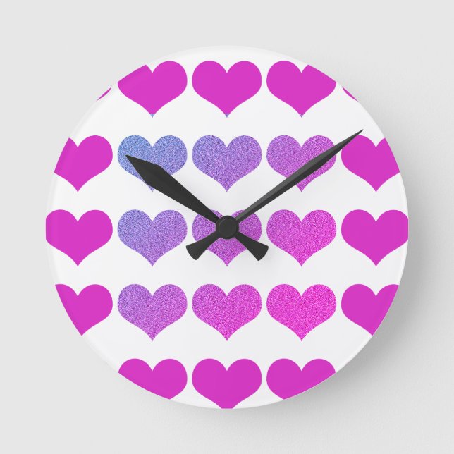 Heart Patterns Pink Purple Glitter Ombre Pretty Round Clock (Front)