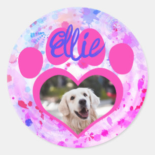 Heart Paw Pet Photo Name on Pink Tie Dye Classic Round Sticker