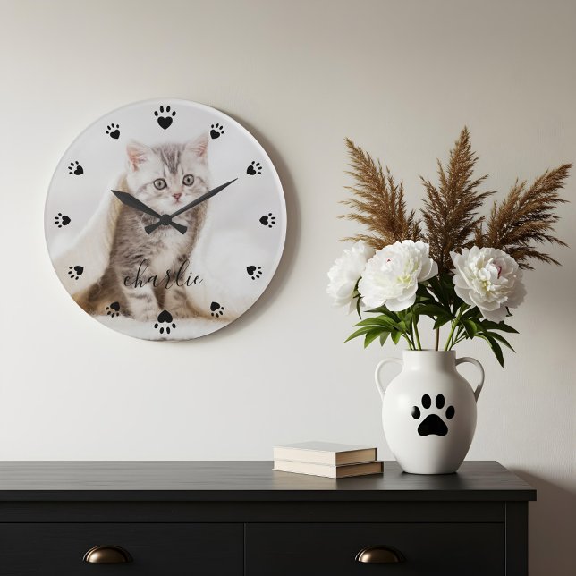 Heart Paw Prints Personalized Full Photo & Name Large Clock (Heart Paw Prints Personalized Full Photo & Name Large Clock)