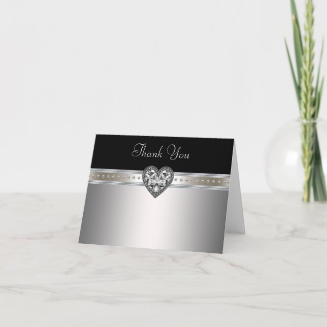 Heart Pearls Black Silver Thank You Cards (Front)