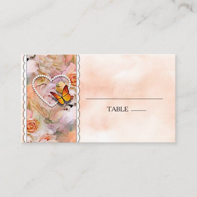 Heart Pearls Orange Roses Floral Butterflies Place Card (Front)