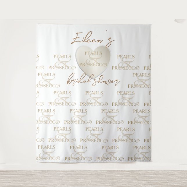 Heart Pearls & Prosecco Bridal Shower Backdrop Tapestry (Front)