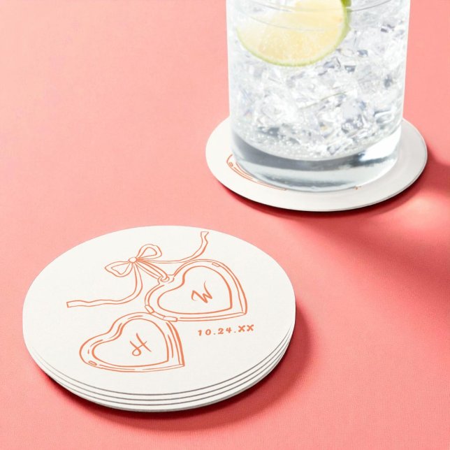 Heart Pendant Fun Wedding Monogram Round Paper Coaster (Creator Uploaded)