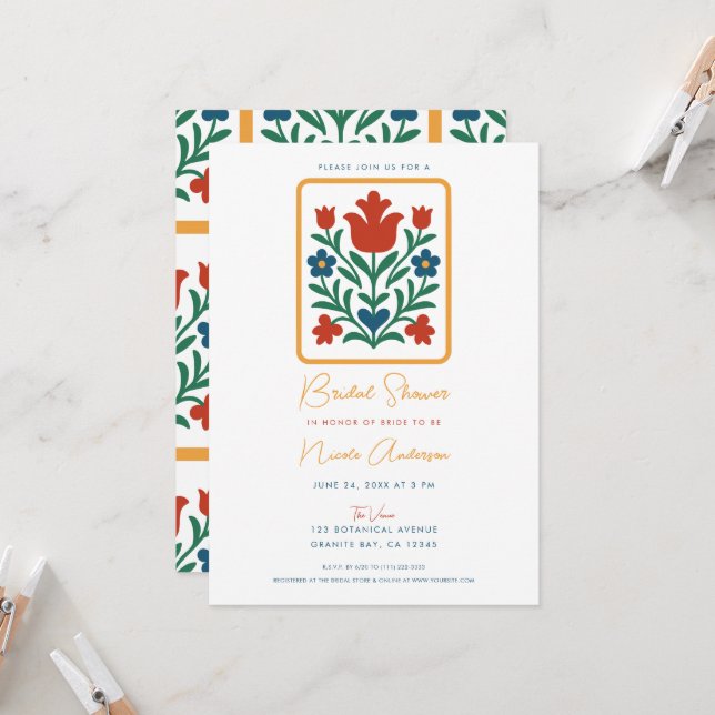 Heart & Petal Floral Folk Art Bridal Shower Invitation (Front/Back In Situ)