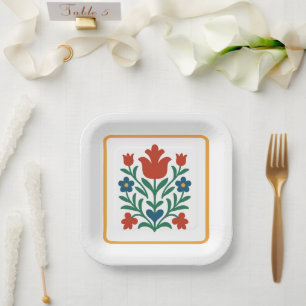 Heart & Petal Floral Folk Art Party Paper Plate