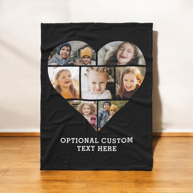 Heart Photo Collage 7 Picture Personalized Black Fleece Blanket (Creator Uploaded)