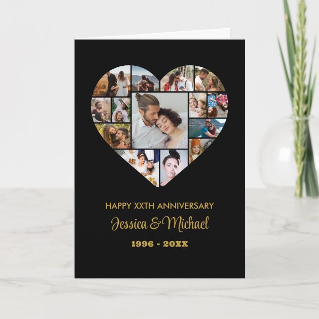 Heart Photo Collage Black Wedding Anniversary Card (Front)