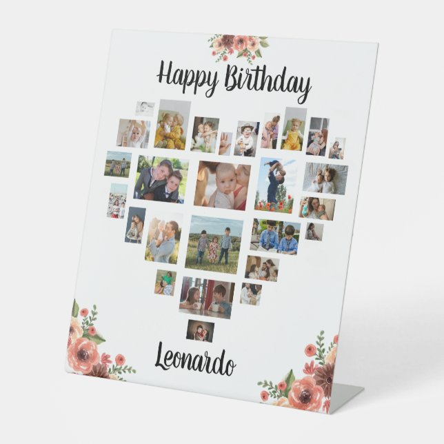 Heart Photo Collage Personalized Script Birthday M Pedestal Sign (Front)