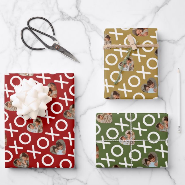 Heart Photo Collage XOXO Red Green Gold Wrapping Paper Sheet (Front)