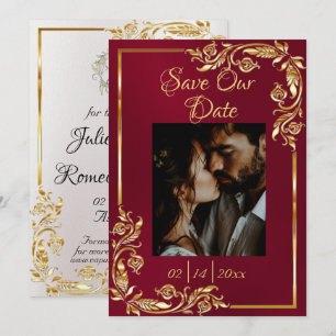 Heart, Photo & Gold Frame on Burgundy Save The Date