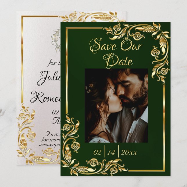 Heart, Photo & Gold Frame on Emerald Save The Date (Front/Back)