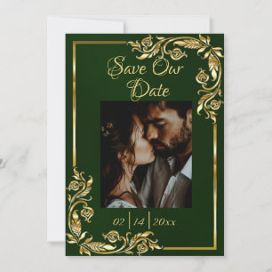 Heart, Photo & Gold Frame on Emerald Save The Date