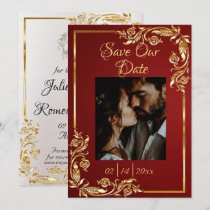 Heart, Photo & Gold Frame on Ruby Red Save The Date