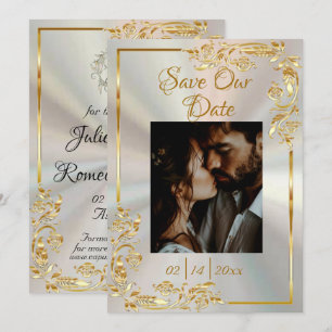 Heart, Photo & Gold Frame on White Pearl Save The Date