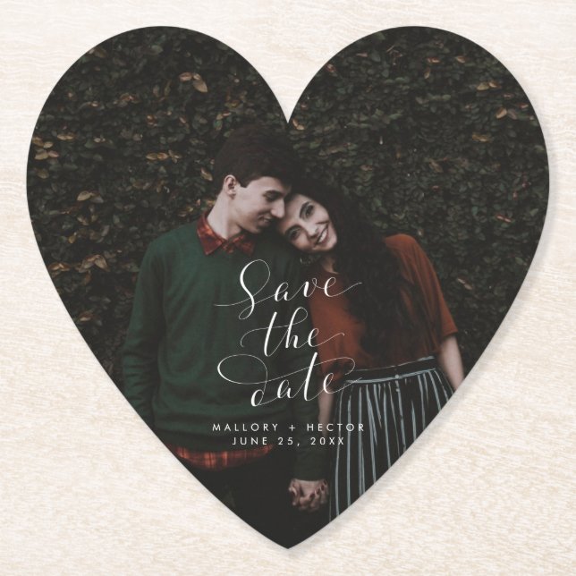 Heart Photo Script Wedding Save the Date Paper Coaster (Front)