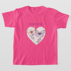 Heart Pink Purple Butterflies & Flowers T-Shirt
