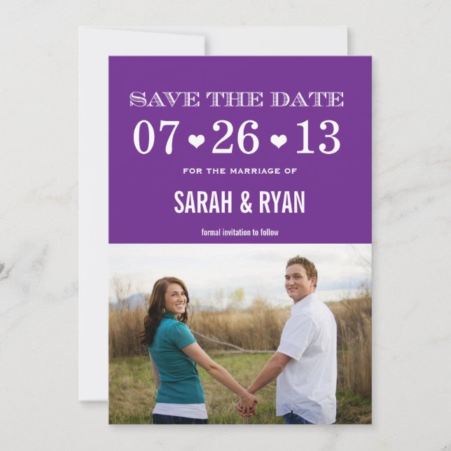 Heart Purple Enregistrer la date Photo Invitations (Devant)