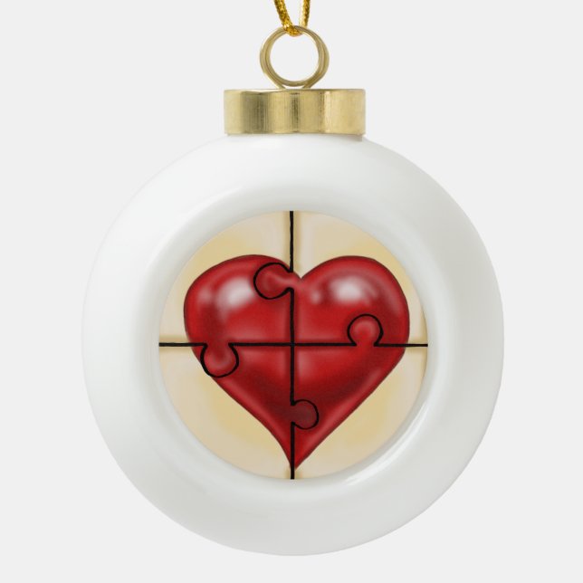 Heart Puzzle Ceramic Ball Christmas Ornament (Front)