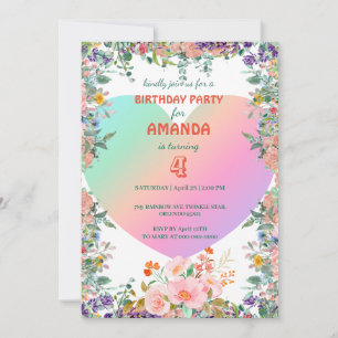 Heart Rainbow gradient floral Birthday Party kids Invitation