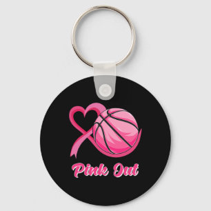 Heart Ribbon Basketball Pink Out Breast Cancer Awa Keychain