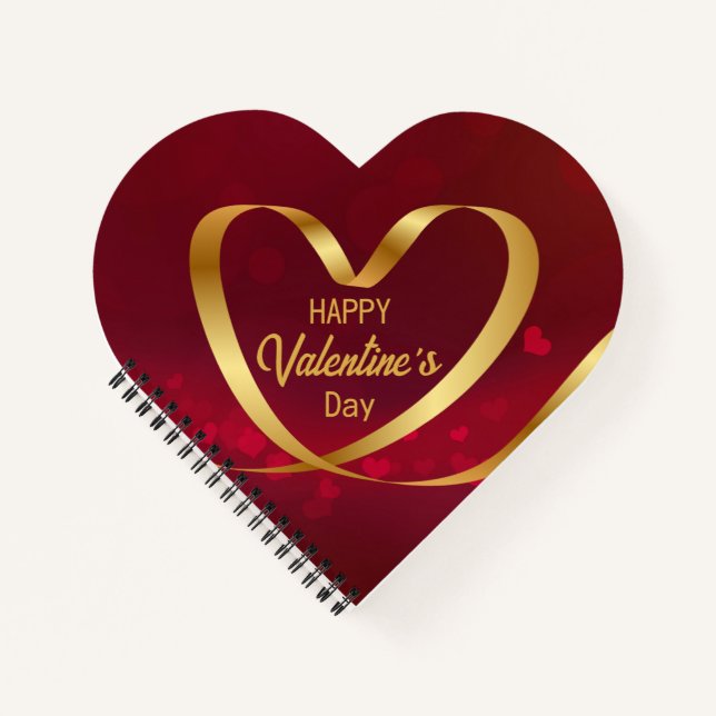 Heart Ribbon Gold Happy Valentine's Day Red Notebook (Front)