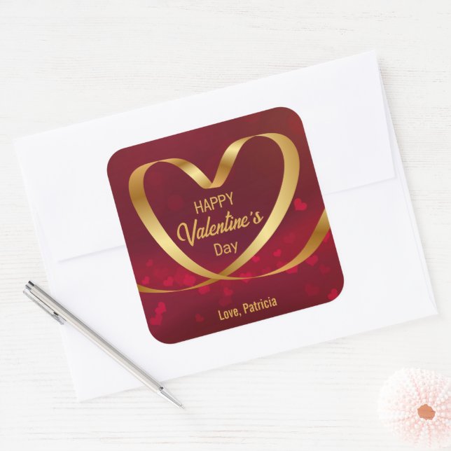 Heart Ribbon Gold Happy Valentine's Day Red Square Sticker (Envelope)