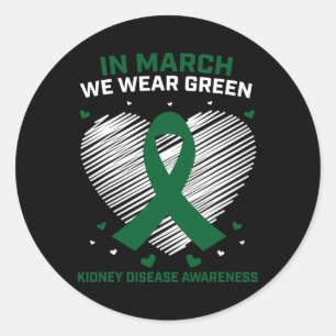Heart Ribbon In March We Wear Green Kidney Disease Classic Round Sticker