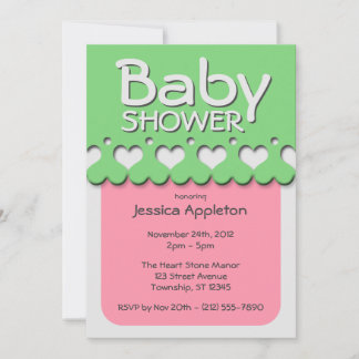 Heart Ribbon Pattern Pink & Green Baby Shower Invitation