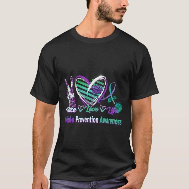 Heart Ribbon Rose Peace Love Mental Health Suicide T-Shirt (Front)