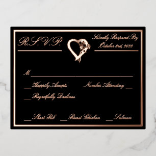 Heart & Roses, Black Wedding RSVP Rose Gold Full Foil Invitation Postcard