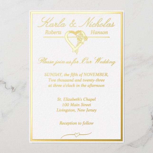 Heart & Roses, Elegant White Wedding, Gold Full (Front)