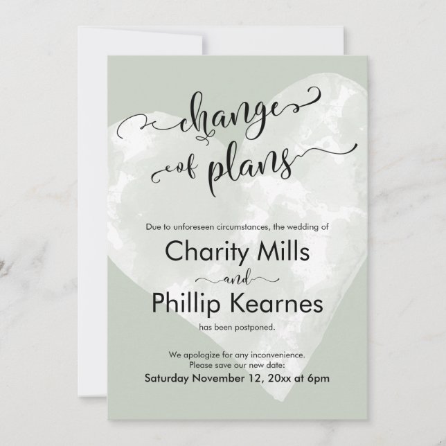 Heart Sage Green Postponed Wedding Change of Plans (Front)