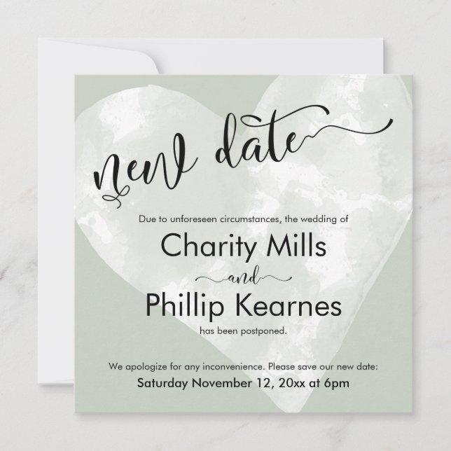 Heart Sage Green Postponed Wedding New Date Card (Front)